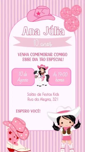 Convite Aniversário Boiadeira Country Rosa para Editar Online