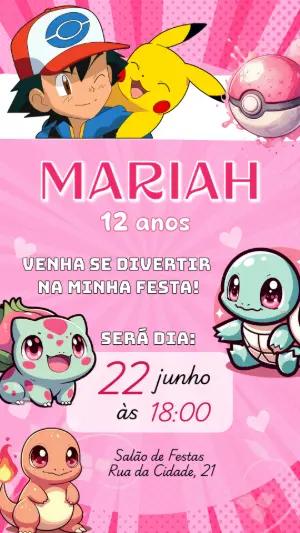 Convite Aniversário Pokémon Rosa para Menina Editável Online