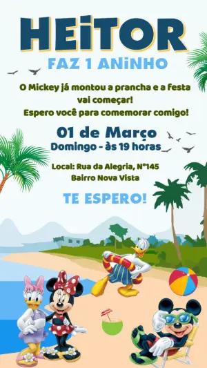 Convite de Aniversário Mickey na Praia Modelo Digital Editável