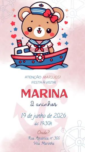 Convite de Aniversário Ursinha Marinheira Editável