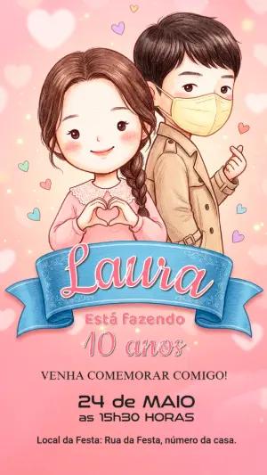 Convite de Aniversário Dorama Coreano Fofo para Editar