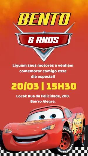 Convite de Aniversário Carros Disney com Relâmpago McQueen Editável