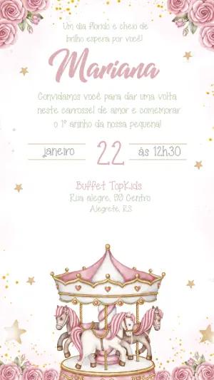 Convite de Aniversário Carrossel Rosa e Dourado Editável