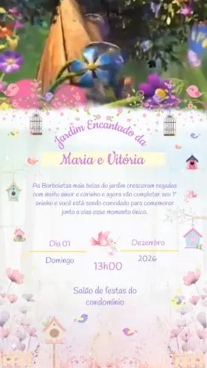 Convite Animado Jardim Encantado para Aniversário Duplo Editável