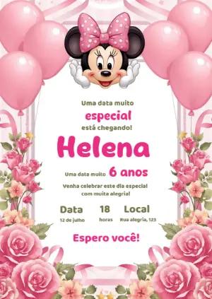 Convite Minnie Rosa Floral Editável para Aniversário Infantil