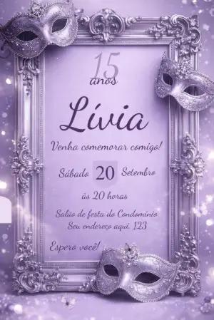 Convite 15 Anos Baile de Máscaras Lilás Editável