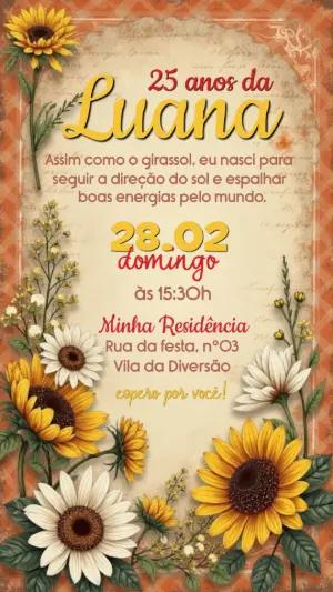 Convite de Aniversário Girassol Rústico para Editar