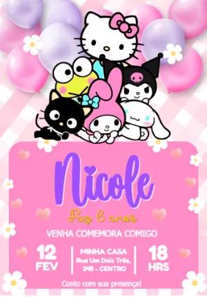 Convite Digital Aniversário Infantil Sanrio Rosa e Lilás para Editar