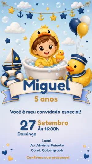 Convite de Aniversário Hora do Banho Patinho Editável para Menino