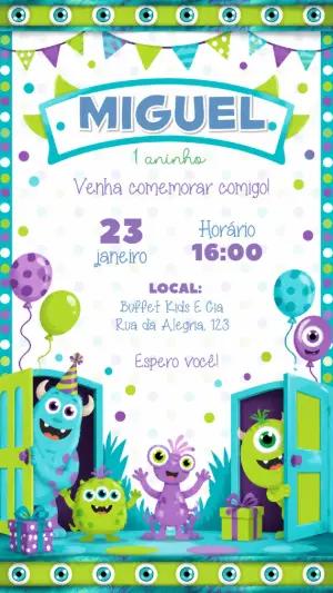 Convite de Aniversário Monstros S.A. Editável para Festa Infantil