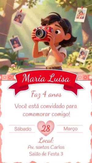 Convite de Aniversário Menina Fotógrafa 3D Editável