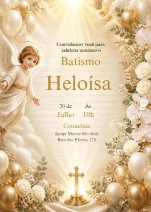 Convite de Batismo Anjo Celestial Dourado e Branco Editável