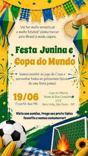 Convite Editável Festa Junina e Copa do Mundo Verde e Amarelo