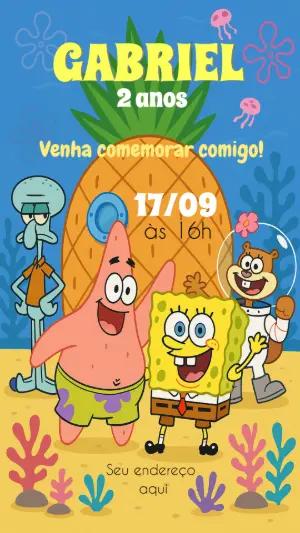 Convite Digital Aniversário Infantil Tema Bob Esponja Editável