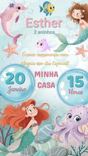 Convite Digital Infantil Tema Sereia e Fundo do Mar Editável