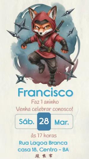 Convite de Aniversário Raposa Ninja em Aquarela para Editar
