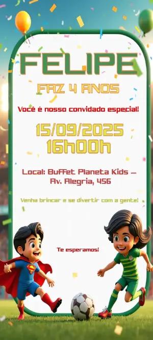 Convite Aniversário Super Homem e Futebol para Editar Online
