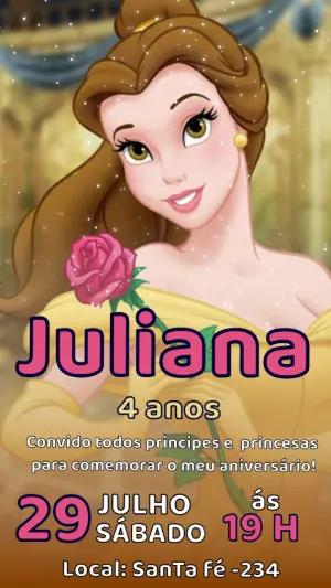 Convite de Aniversário Princesa Bela Modelo Digital Editável