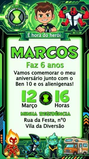 Convite de Aniversário Ben 10 Verde e Preto para Editar