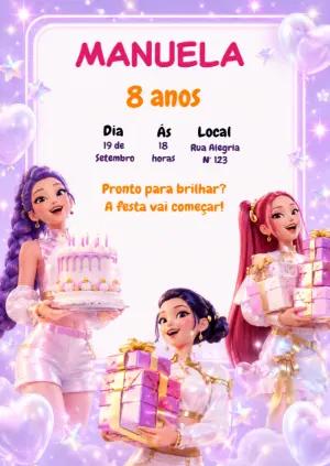 Convite de Aniversário Guerreiras K-pop Editável para Festa Infantil