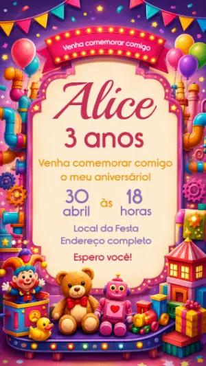 Convite de Aniversário Infantil Brinquedos Colorido para Editar