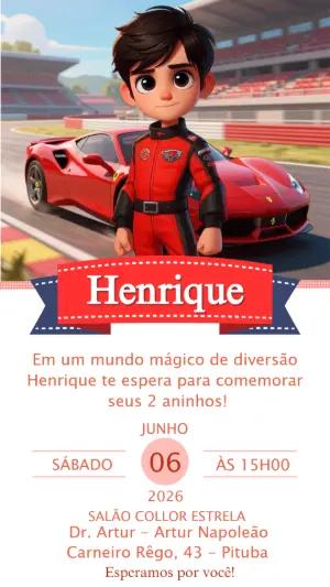 Convite de Aniversário Carro de Corrida Vermelho Editável