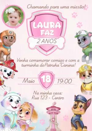 Convite Patrulha Canina Menina Rosa com Foto para Editar