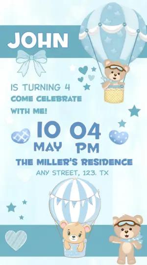 Blue Bear Hot Air Balloon Birthday Invitation Template