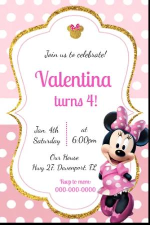 Pink and Gold Minnie Mouse Birthday Invitation Template