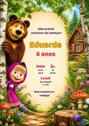 Convite de Aniversário Masha e o Urso Modelo Editável Online