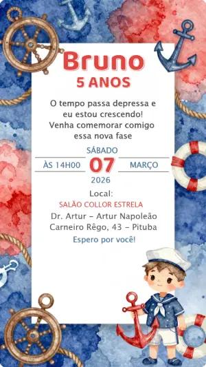 Convite de Aniversário Marinheiro Aquarela para Editar