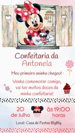Convite Animado Aniversário Minnie Confeiteira para Editar