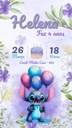 Convite de Aniversário Stitch Aquarela Lilás para Editar