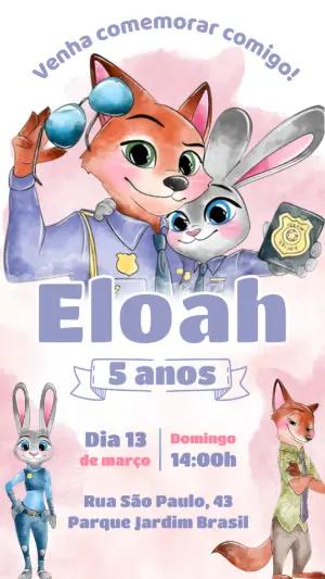 Convite de Aniversário Zootopia Estilo Aquarela para Editar