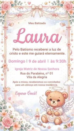 Convite de Batizado Menina Ursinha Anjo Rosa Editável