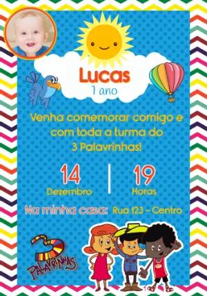 Convite de Aniversário 3 Palavrinhas Colorido para Editar