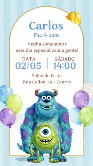 Convite de Aniversário Monstros S.A. Infantil para Editar