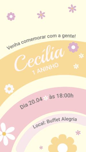 Convite de Aniversário 1 Aninho Flores Delicadas Modelo Editável