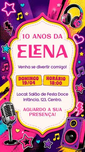 Convite de Aniversário Pop Neon Musical para Editar