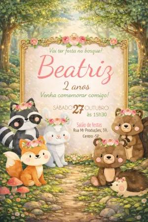 Convite Editável Aniversário Infantil Animais do Bosque Encantado