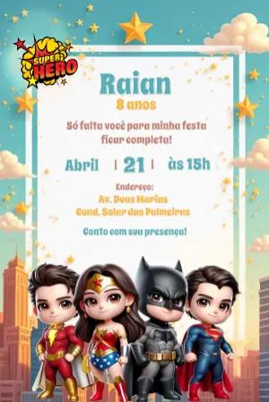 Convite de Aniversário Super Heróis Chibi na Cidade para Editar