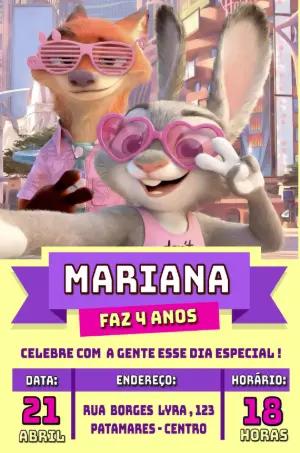 Convite de Aniversário Zootopia Colorido para Editar
