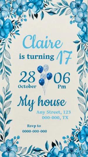 Blue Floral Birthday Invitation Editable Template