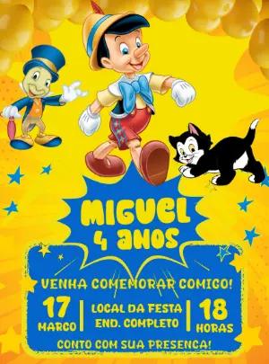 Convite Aniversário Pinóquio com Personagens para Editar Online
