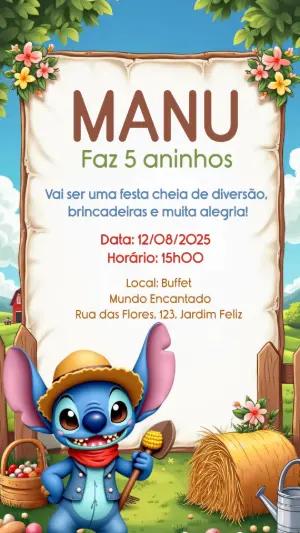 Convite Aniversário Stitch Fazendinha para Editar Online