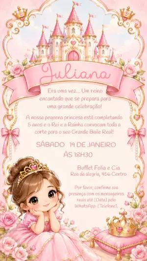 Convite de Aniversário Princesa Rosa e Dourada Editável
