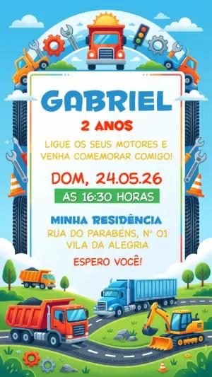 Convite de Aniversário Caminhões e Construção Editável