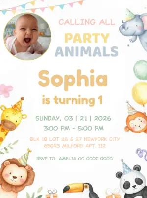Editable 1st Birthday Invitation with Cute Party Animals Template