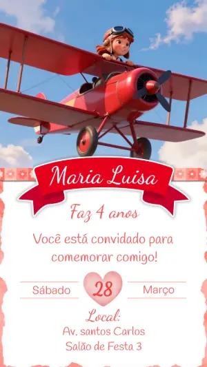 Convite Digital Aniversário Infantil Aviadora para Editar