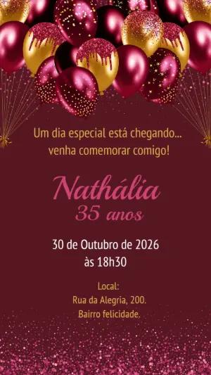 Convite de Aniversário Adulto Feminino Rosa e Dourado Editável
